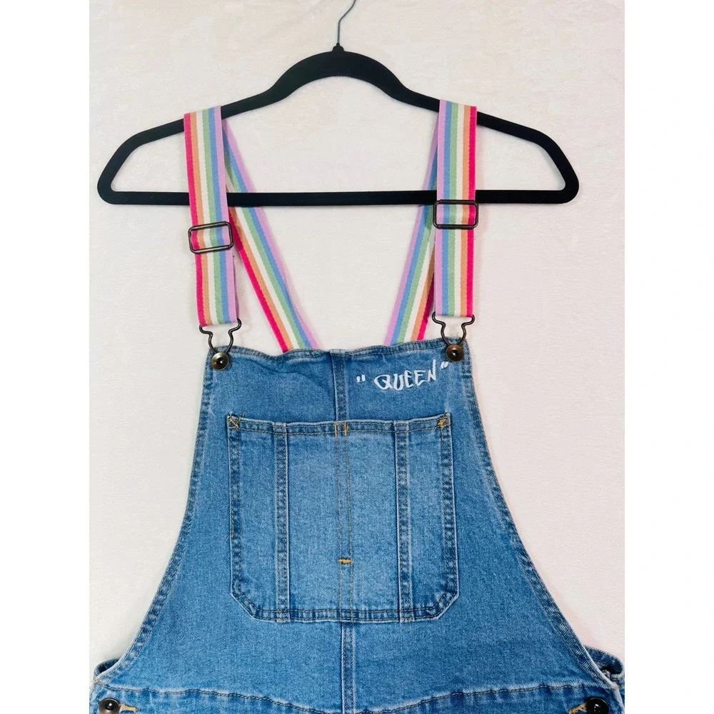 Women's Rainbow Strap Denim Shortalls Blue Queen Embroidered Jean Overalls - Picture 8 of 10